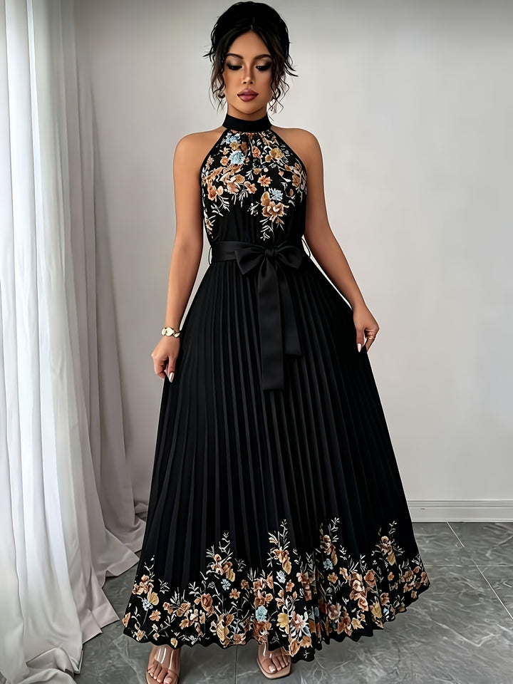 Women's Black Floral Halter Neck Pleated Belted Maxi Wedding Guest Dress