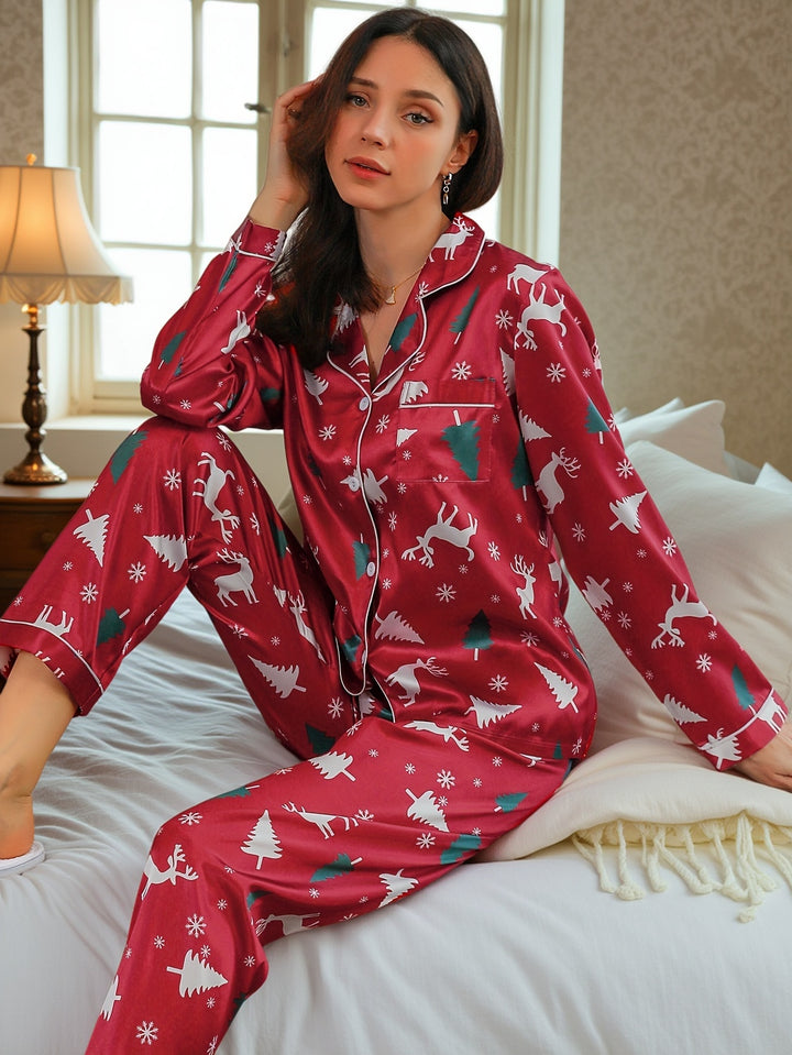 Christmas Pajamas Reindeer Print Satin Button Front Set
