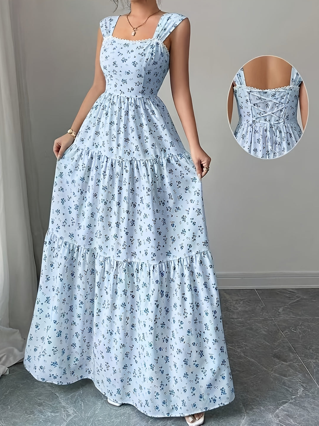 Elegant Floral Maxi Dress for Women with Square Neck Sleeveless Tiered Lace Up Plus Size Flowy Casual Style