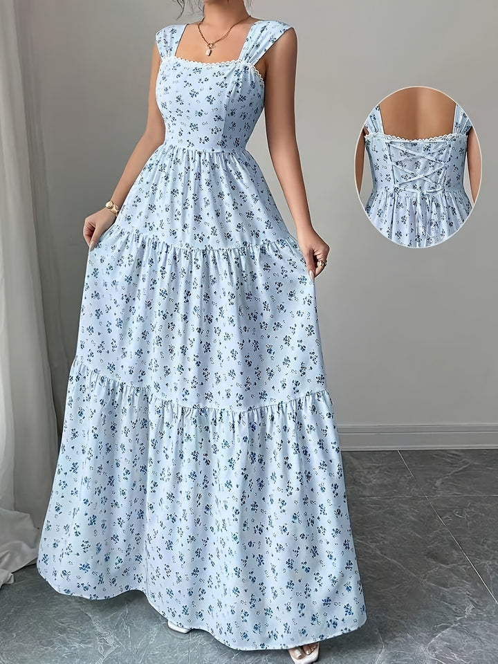 Elegant Floral Maxi Dress for Women with Square Neck Sleeveless Tiered Lace Up Plus Size Flowy Casual Style
