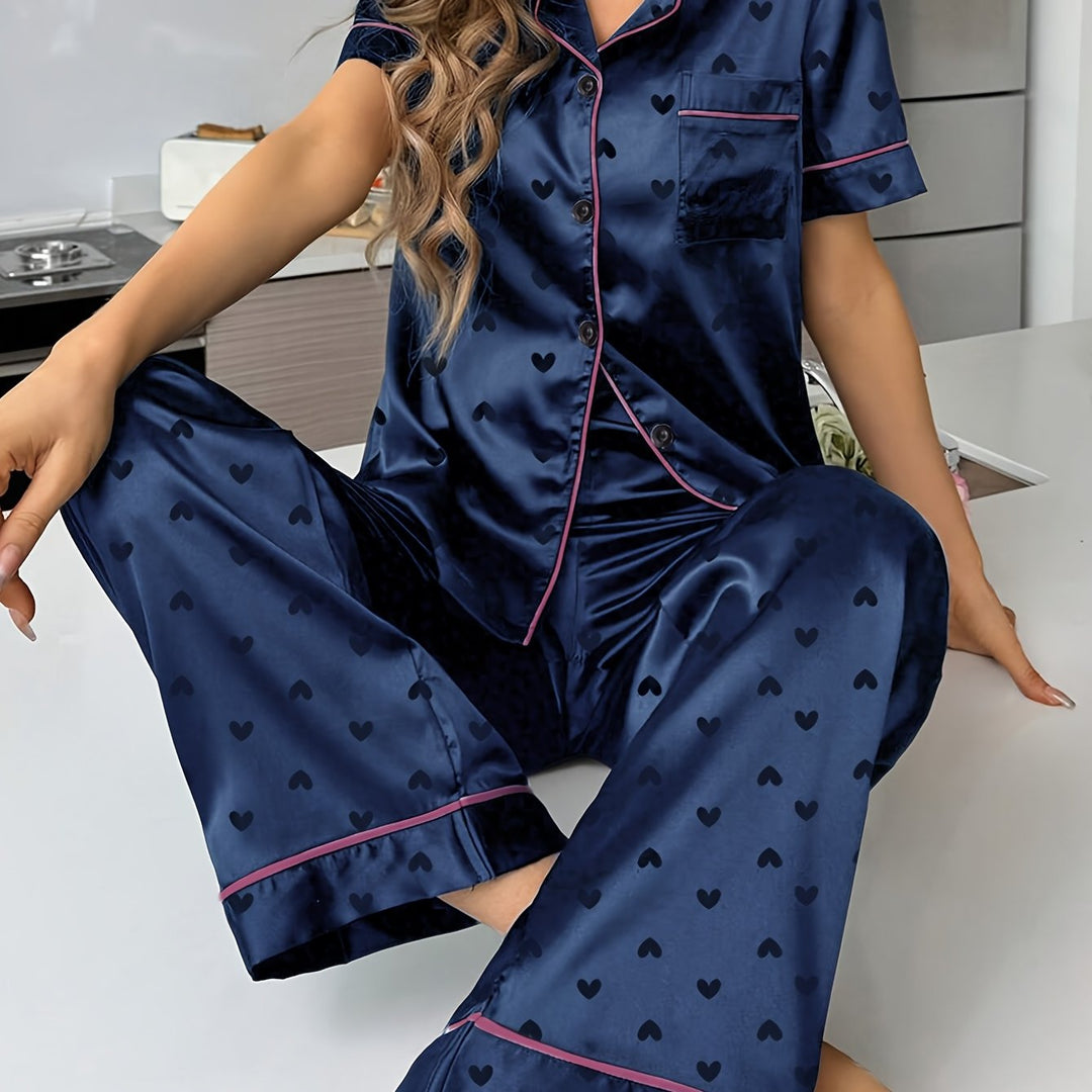 London | Women's Navy Satin Button Front Casual Pajama Sequin Set