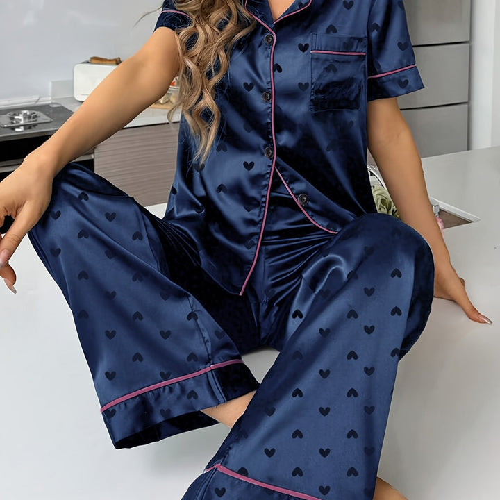 London | Women's Navy Satin Button Front Casual Pajama Sequin Set