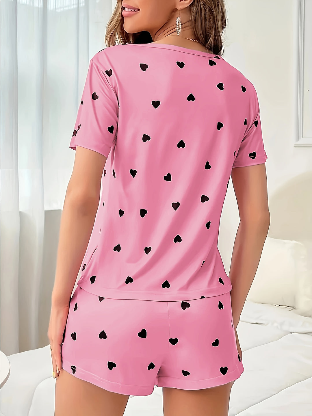 Effortless Purple Heart Knit Pajamas for Women with Crew Neck Short Sleeve Shorts Set Casual Style