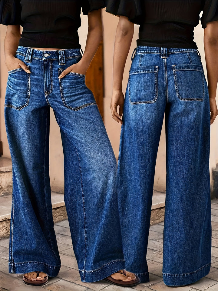 Georgia | Women's Blue Denim Wide Leg Pockets Casual Relaxed Jeans