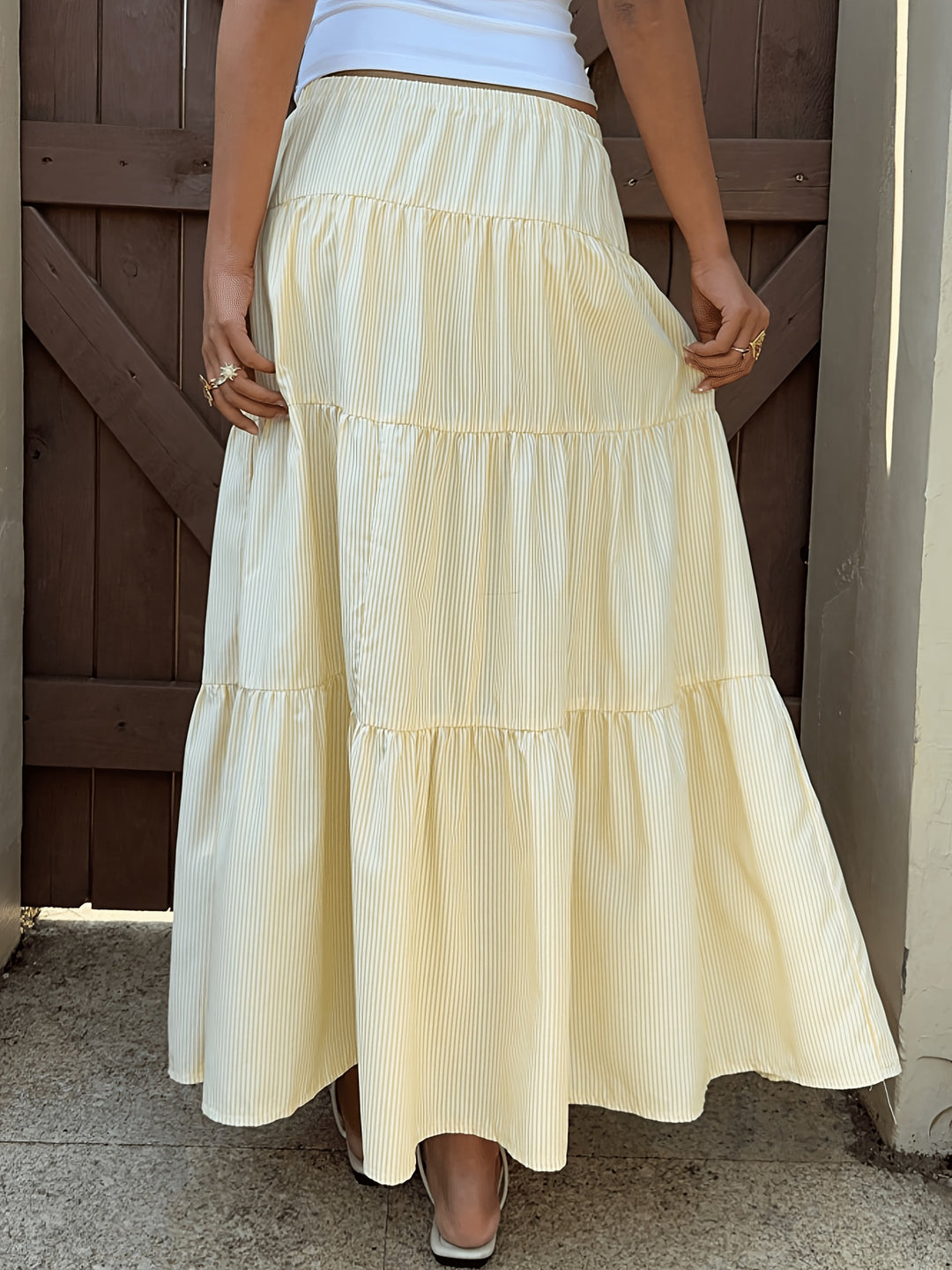 Yellow Skirts Tiered Stripe Drawstring Waist Maxi