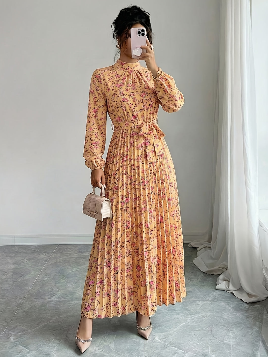 Elegant Floral Long Sleeve Midi Dress for Women with Collared Casual Style