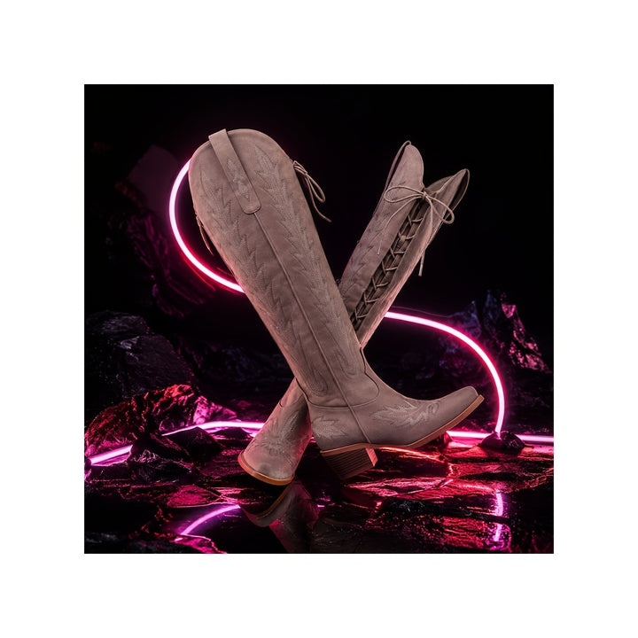 Kaia | Women's Embroidered Lace Up Wide Calf Cowboy Boots for Women