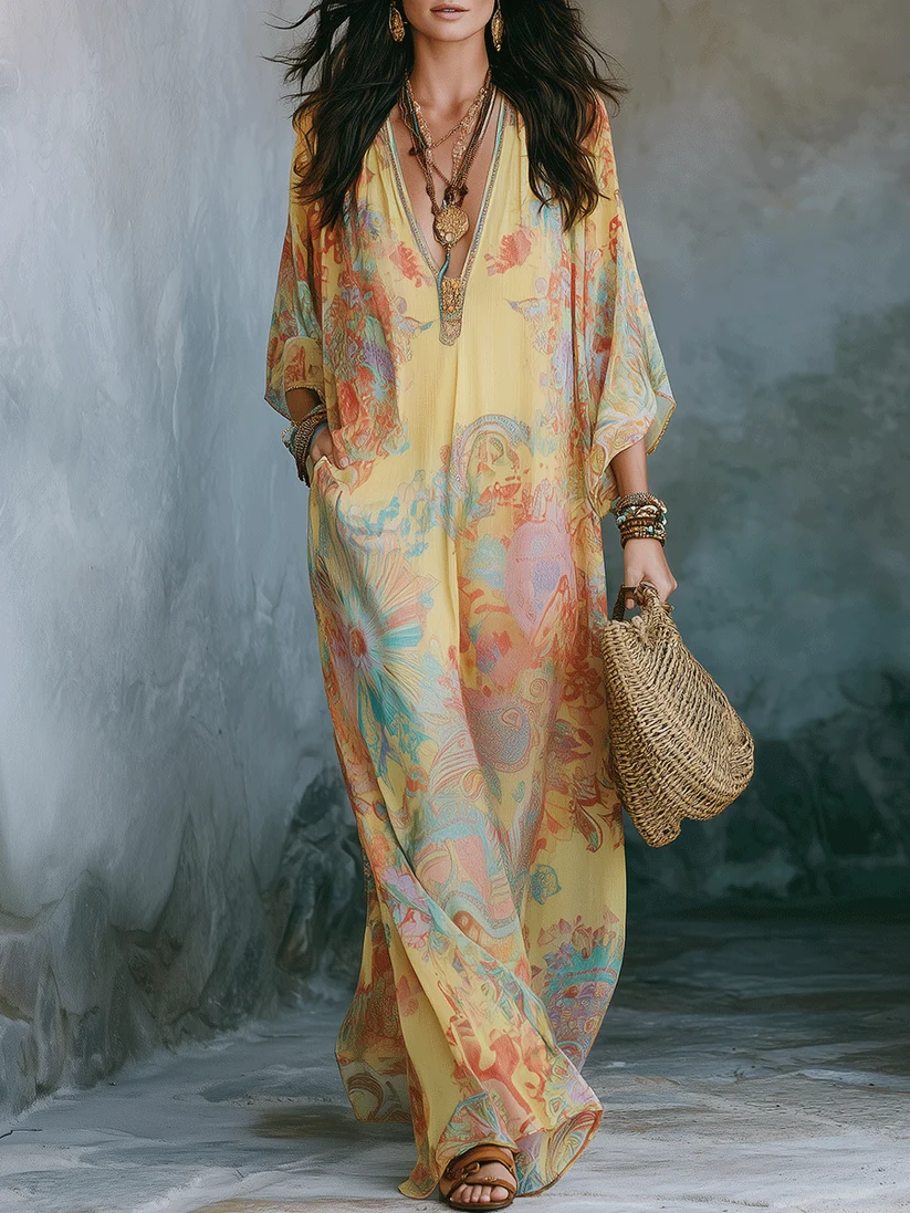 Yellow Floral Print V Neck Loose Flowy Boho Caftan Beach Maxi Dress