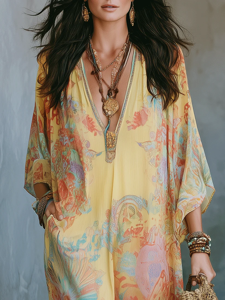 Yellow Floral Print V Neck Loose Flowy Boho Caftan Beach Maxi Dress