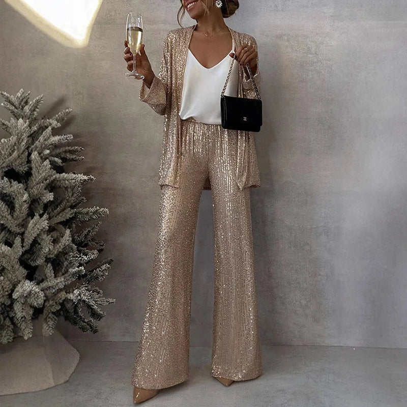 Two Piece Set Sequin Open Front Wide Leg Pant
