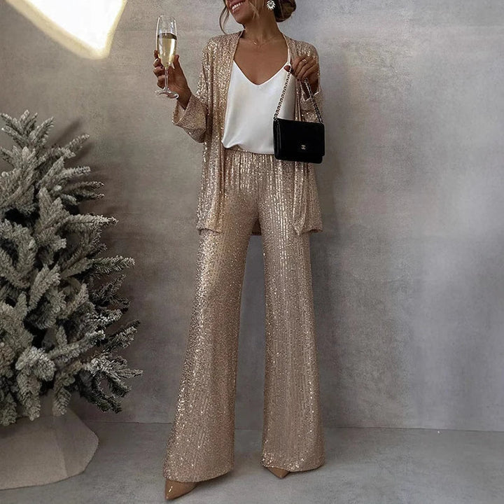 Two Piece Set Sequin Open Front Wide Leg Pant