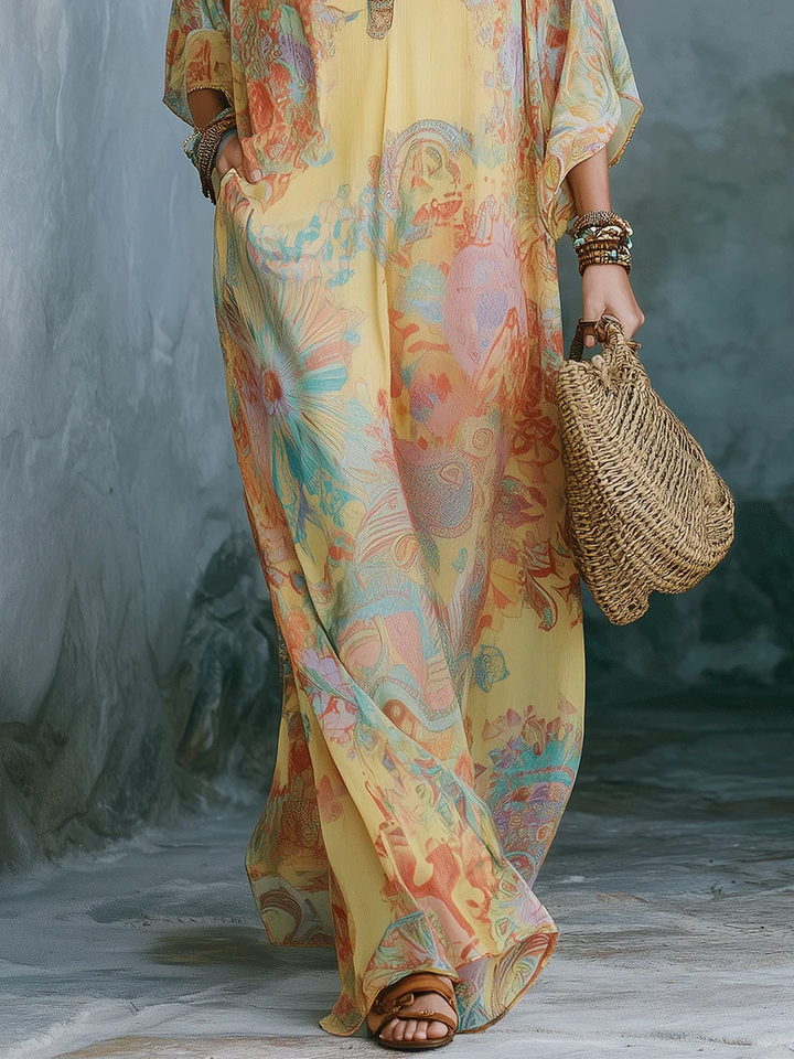 Yellow Floral Print V Neck Loose Flowy Boho Caftan Beach Maxi Dress