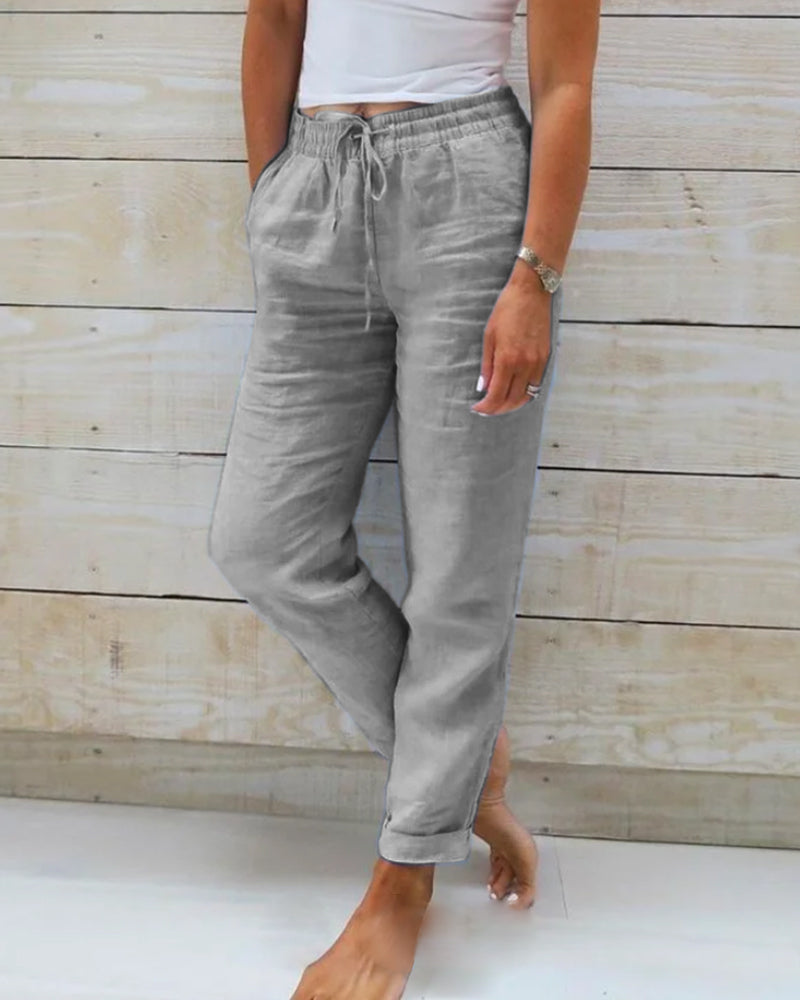 Eden | Women's Linen Straight Leg Drawstring Casual Pockets Pants