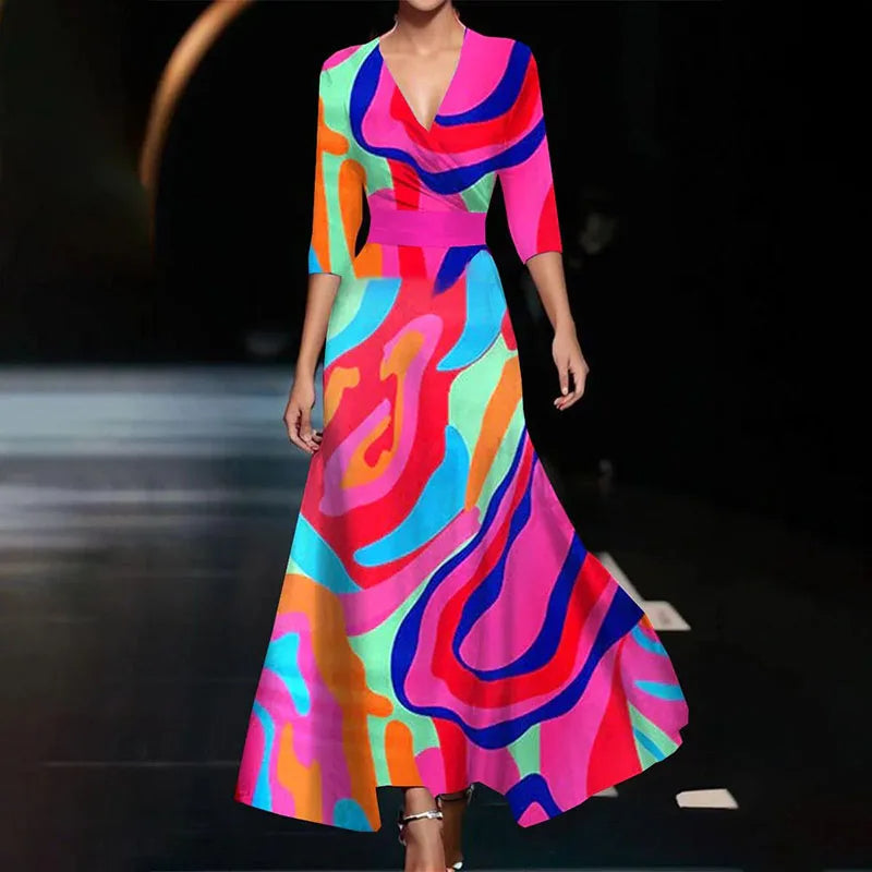 Echo | Women's Floral V Neck Short Sleeve Wrap Front Casual Maxi Pockets Dress