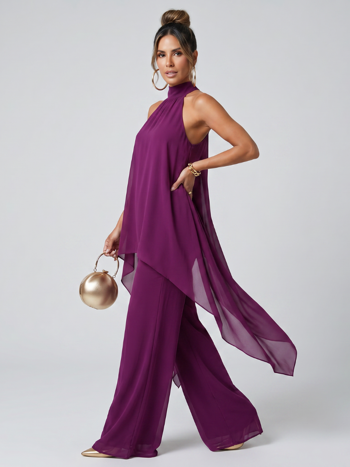Zareen | Women's Purple Halter High Low Wide Leg Two Piece Set