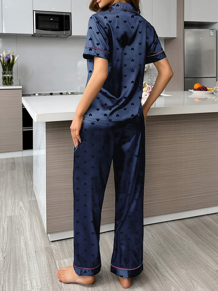 London | Women's Navy Satin Button Front Casual Pajama Sequin Set