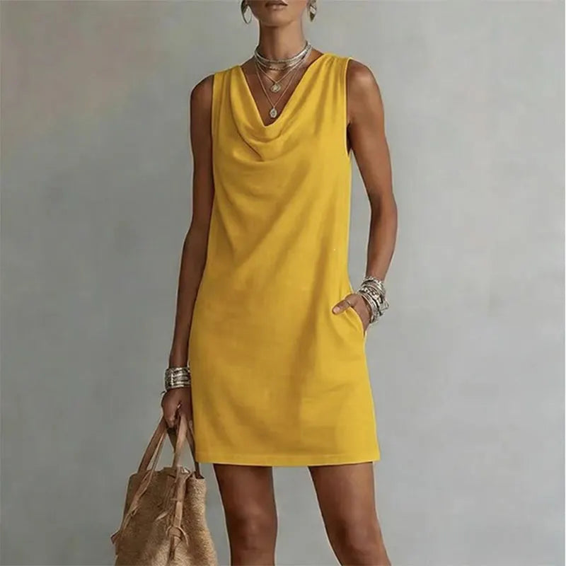 Cowl Neck Sleeveless Pocket Casual Shift Mini Sundress
