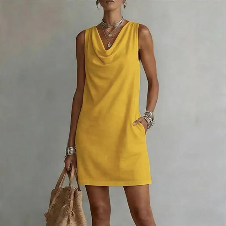 Cowl Neck Sleeveless Pocket Casual Shift Mini Sundress
