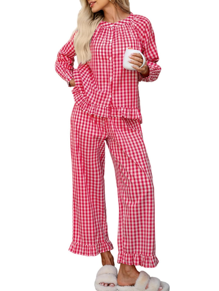 Amara | Women's Gingham Button Front Casual Pajama Set