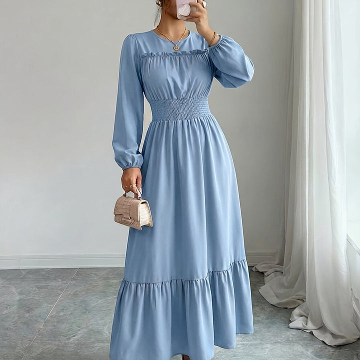 Elegant Red Lace Mother of the Bride Dress for Women with Crew Neck Long Sleeve Smocked Tiered Formal Style