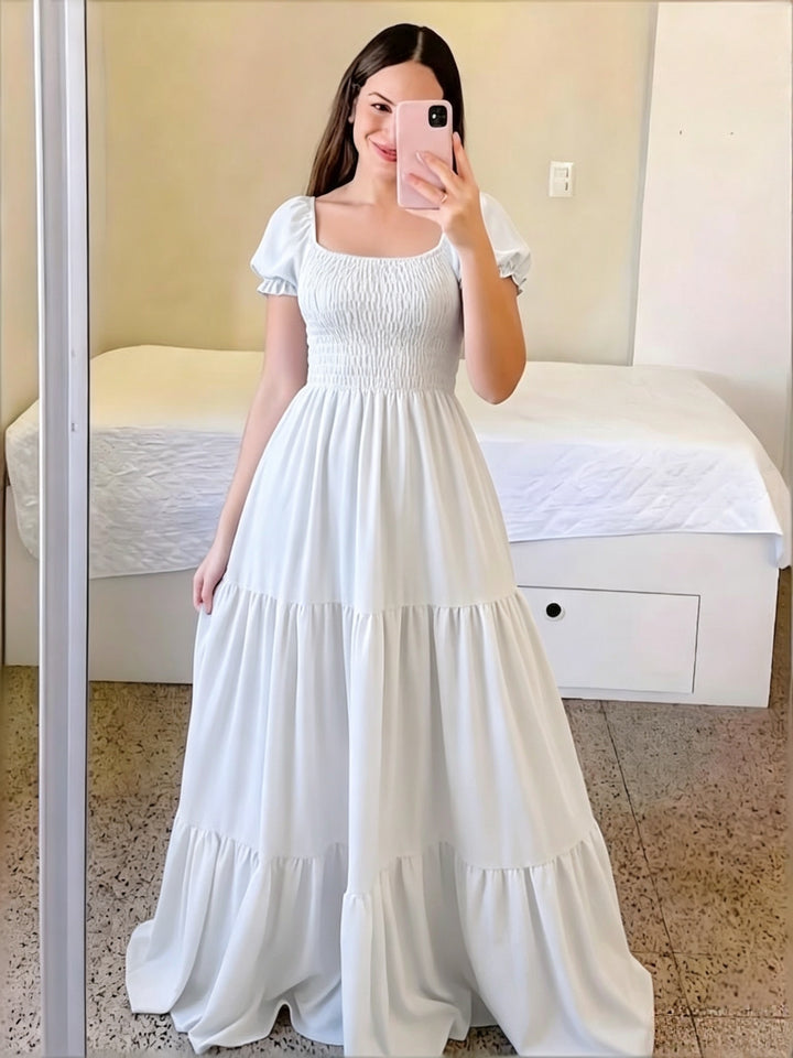 Pilar | Women's Square Neck Short Sleeve Tiered Casual Maxi Smocked Dress