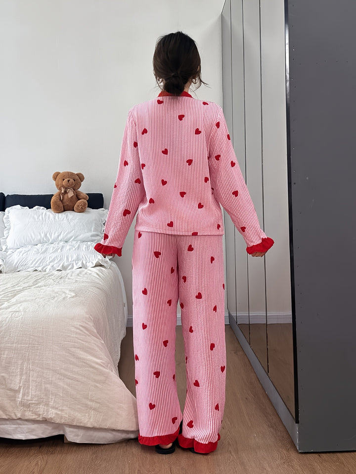 Effortless Heart Pajamas for Women with V Neck Long Sleeve Contrast Cuff Casual Style