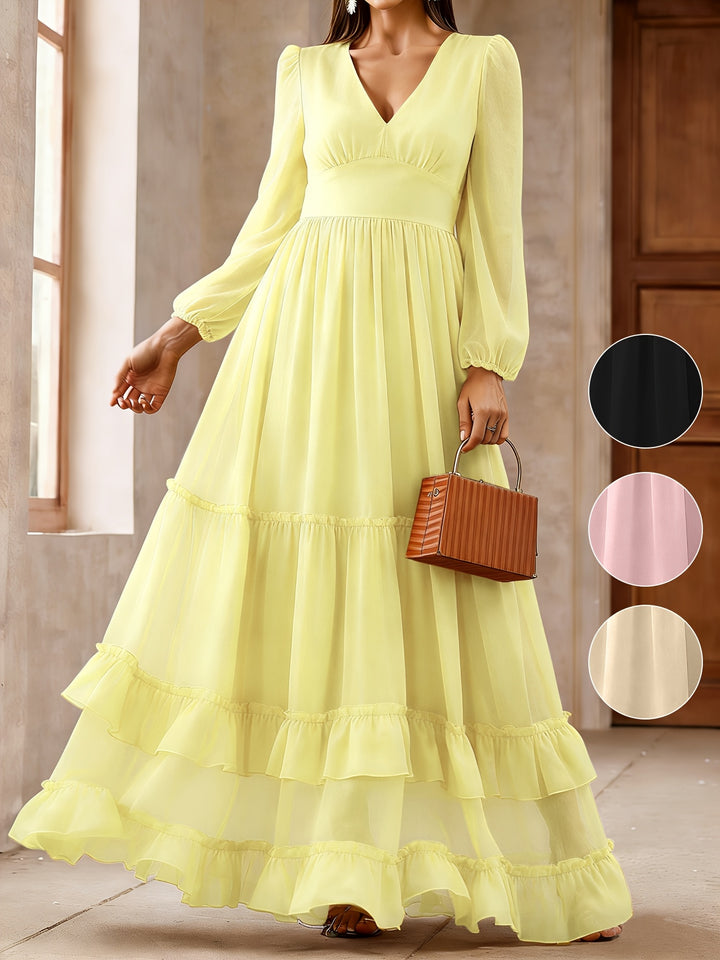 Logan | Women's Chiffon V Neck Long Sleeve Tiered Wedding Guest Dress
