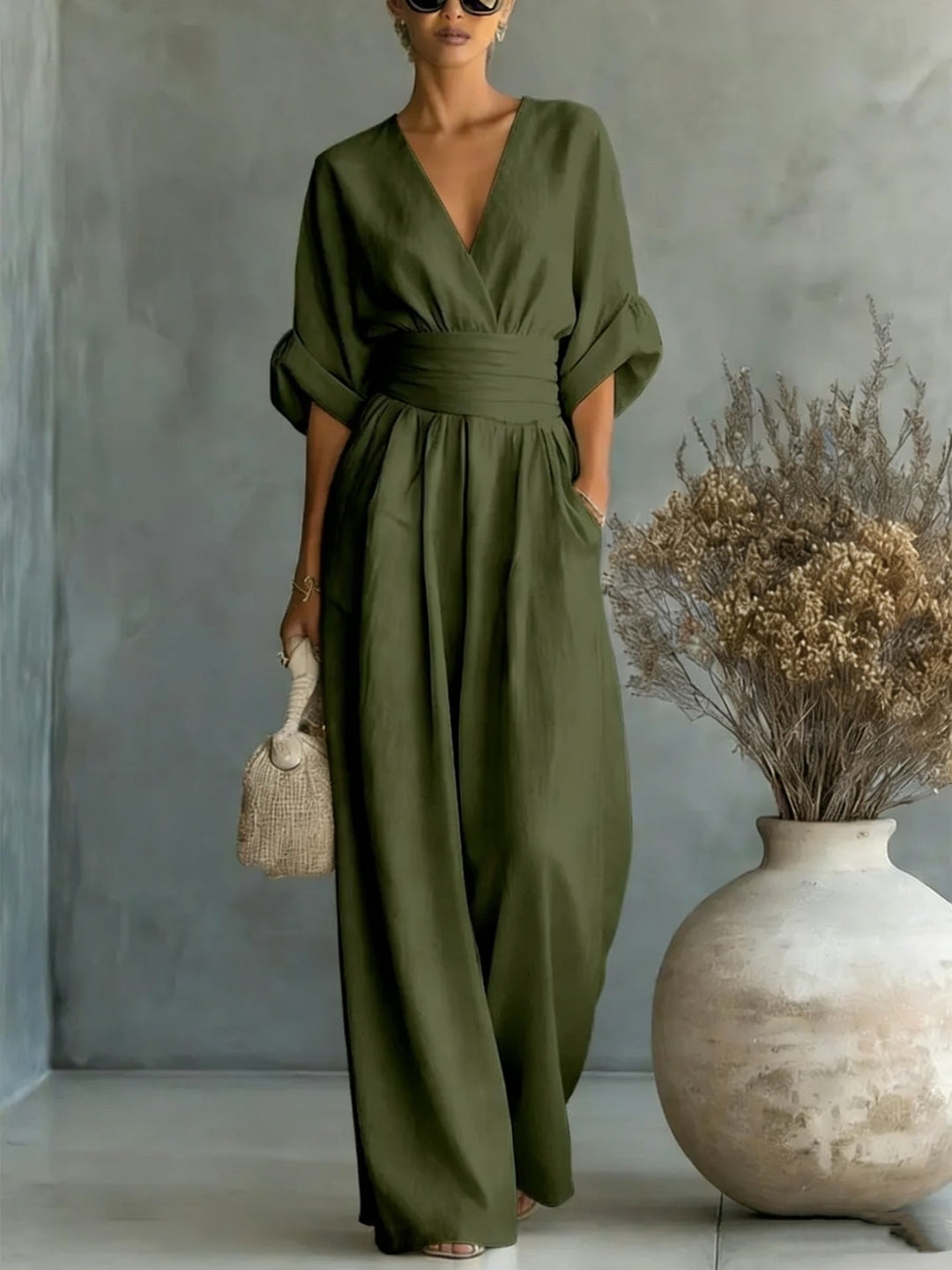 Tallulah | Women Wide Leg V Neck Linen Jumpsuit