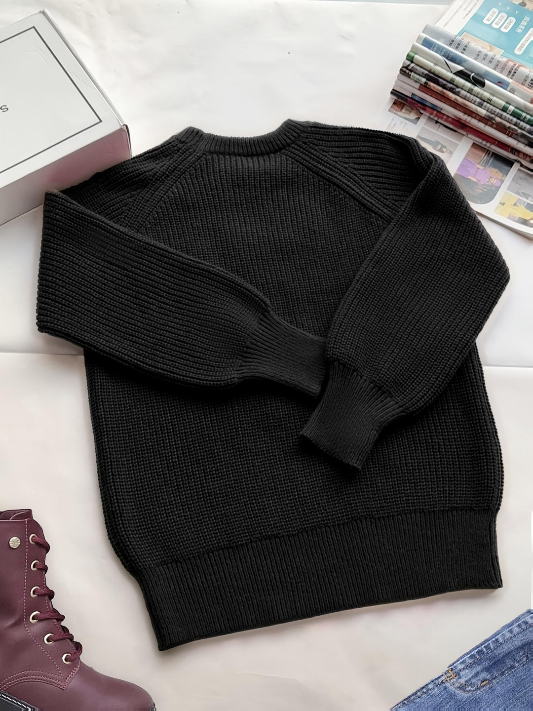 Edith | Women's Knit Oversized Crew Neck Long Sleeve Belted Casual Blouse