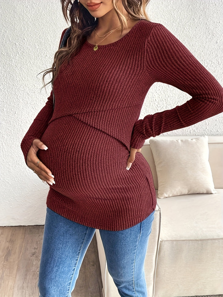 Elegant Beige Knit Maternity Top for Women with Scoop Neck Long Sleeve Plus Size Style