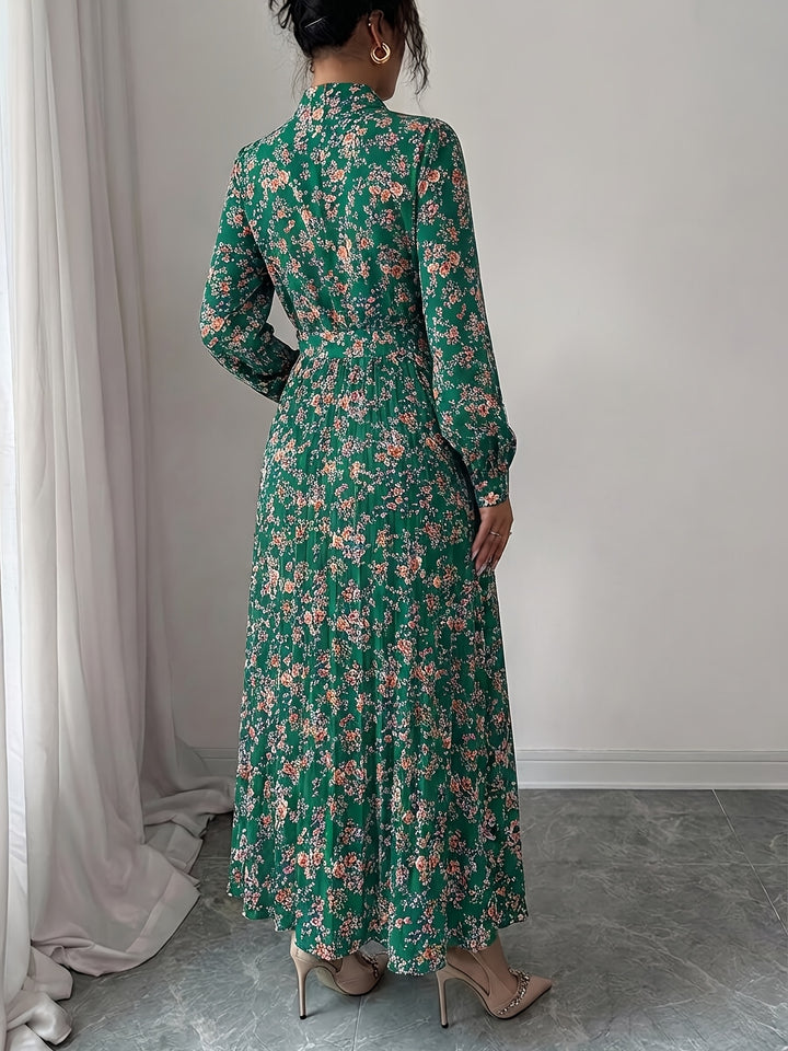 Elegant Floral Long Sleeve Midi Dress for Women with Collared Casual Style