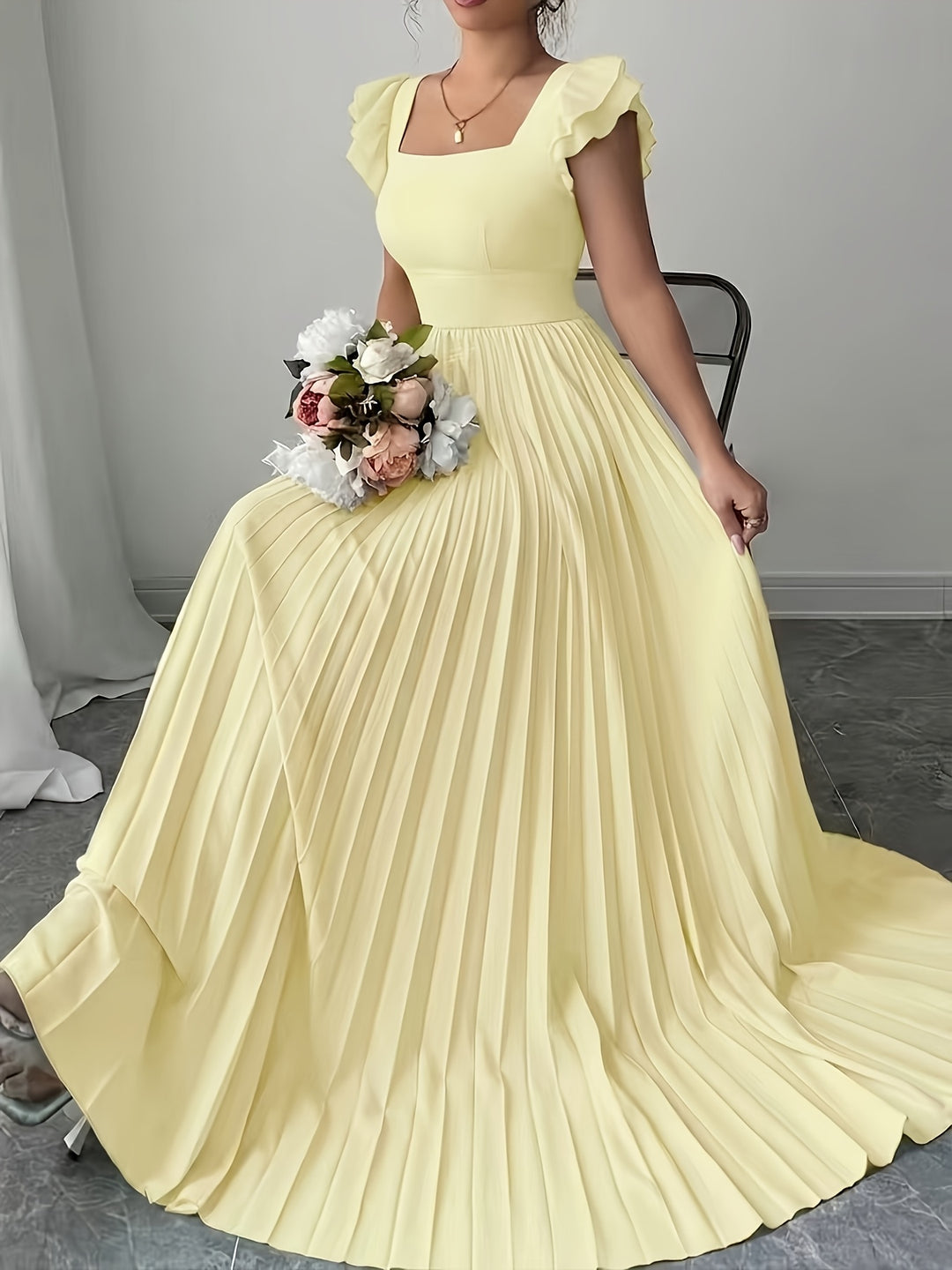 Ivory Floral Square Neck Ruffle Sleeve Pleated A Line Maxi Wedding Guest Dress