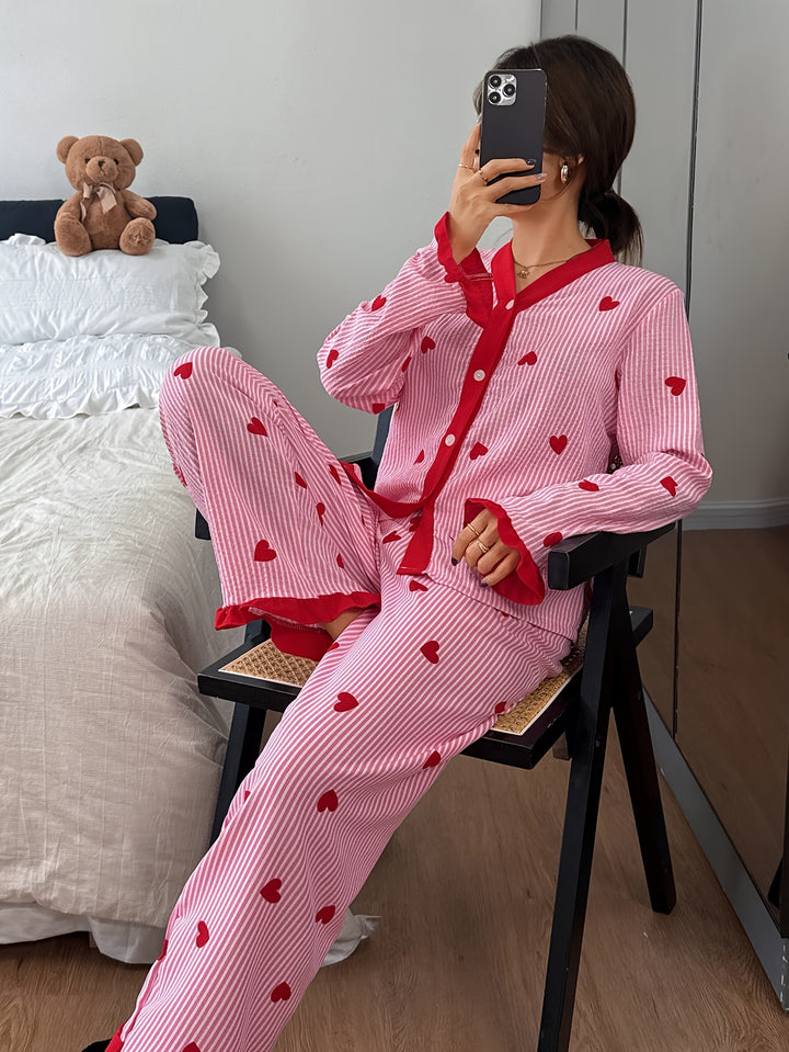 Effortless Heart Pajamas for Women with V Neck Long Sleeve Contrast Cuff Casual Style