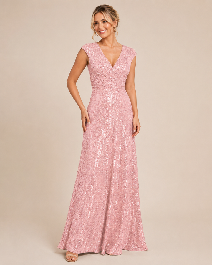 Coralie | Women's Sequin V Neck Cap Sleeve Wrap Front Evening Gown