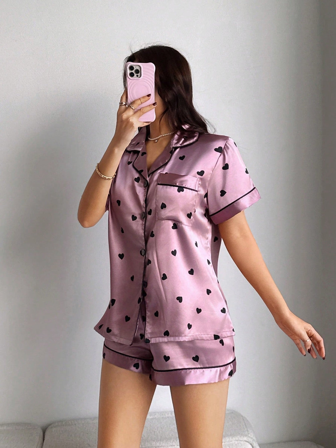 Selene | Women's Pink Satin Casual Sequin Pajama Set