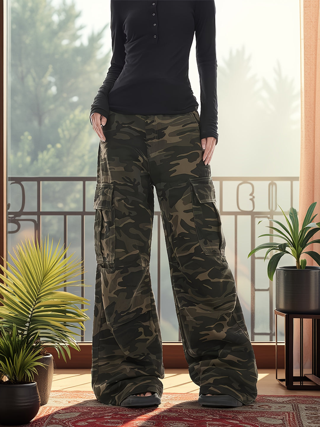 Juliana | Women's Camo Wide Leg Knit Office Cargo Pants