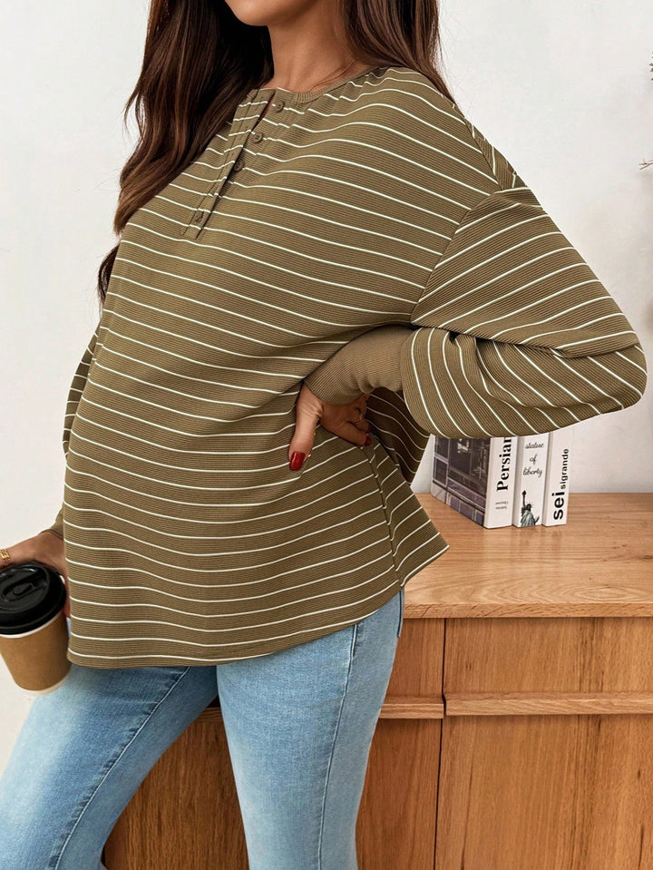 Elegant Green Stripe Knit Maternity Top for Women with Crew Neck Long Sleeve Button Front Plus Size Flowy Style