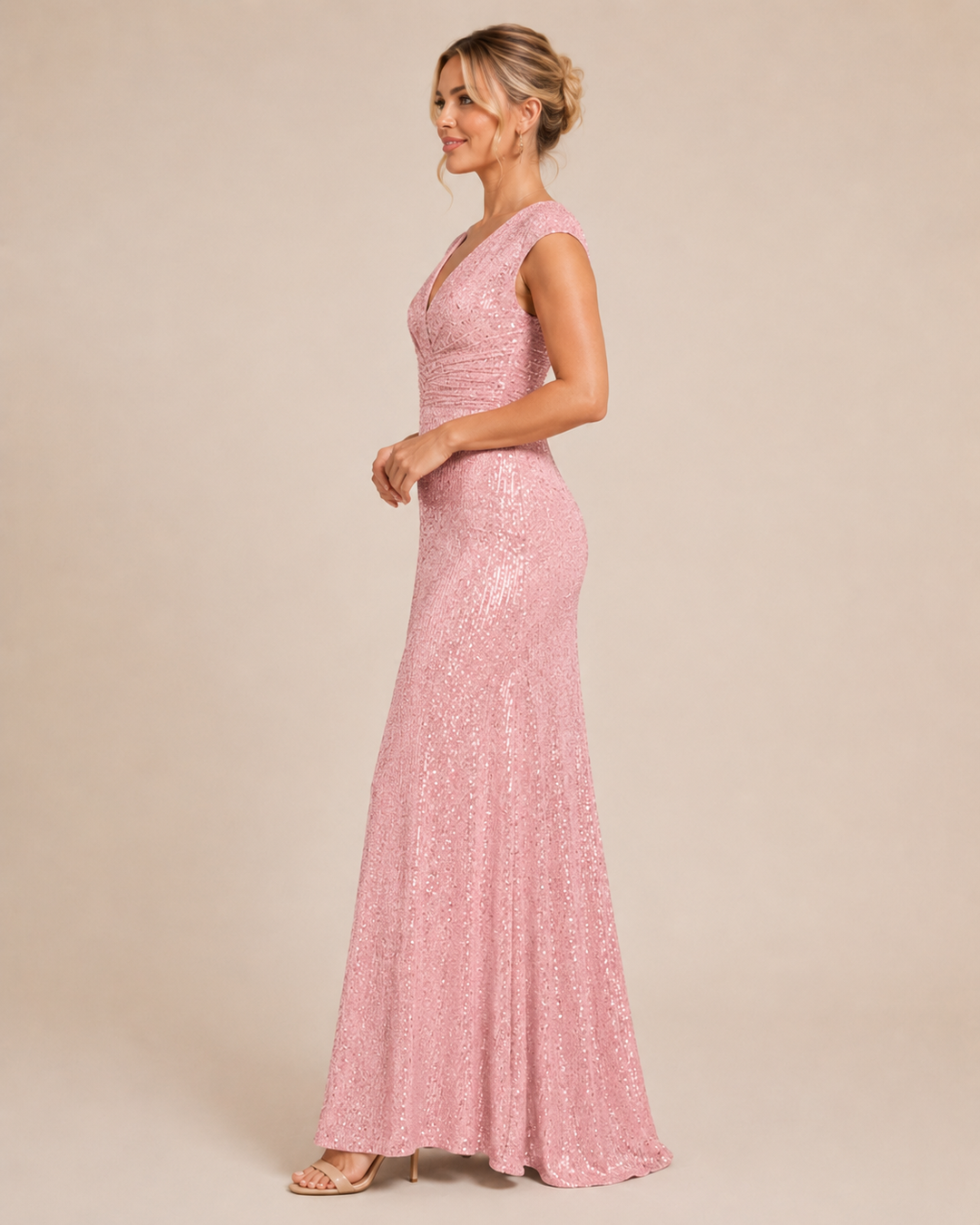 Coralie | Women's Sequin V Neck Cap Sleeve Wrap Front Evening Gown
