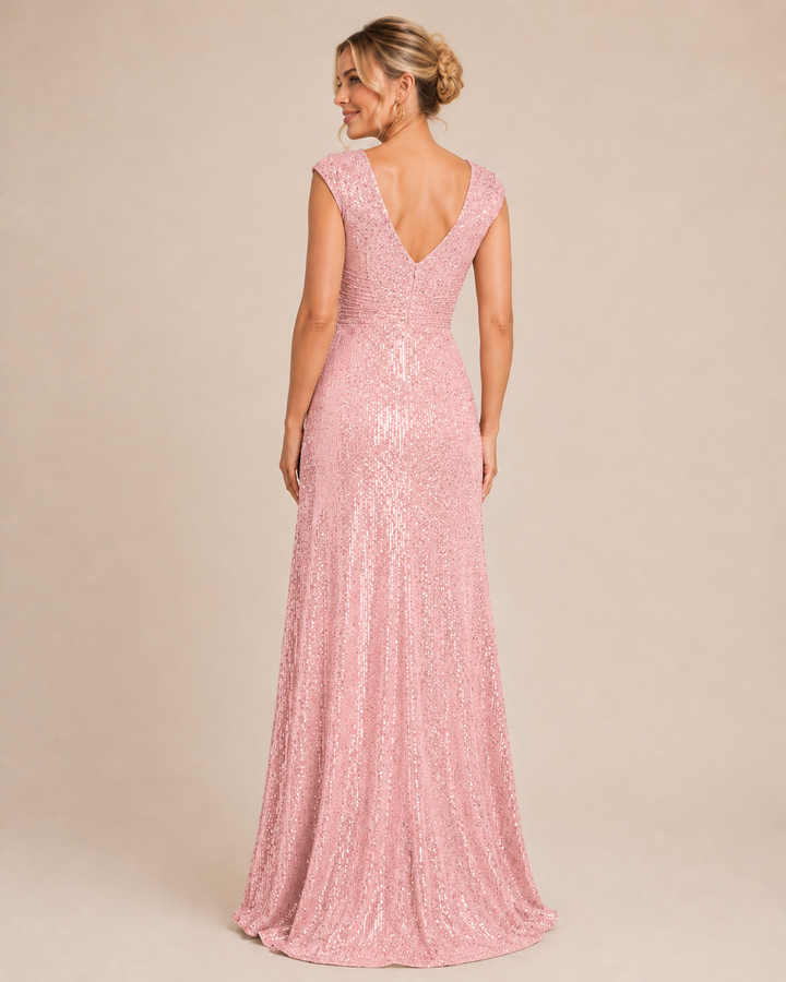 Coralie | Women's Sequin V Neck Cap Sleeve Wrap Front Evening Gown