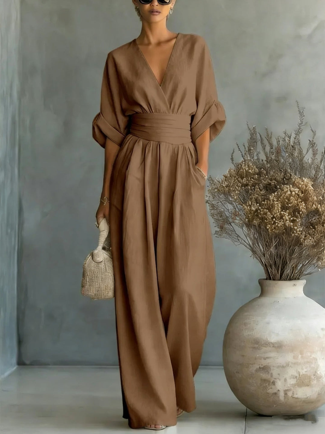 Tallulah | Women Wide Leg V Neck Linen Jumpsuit