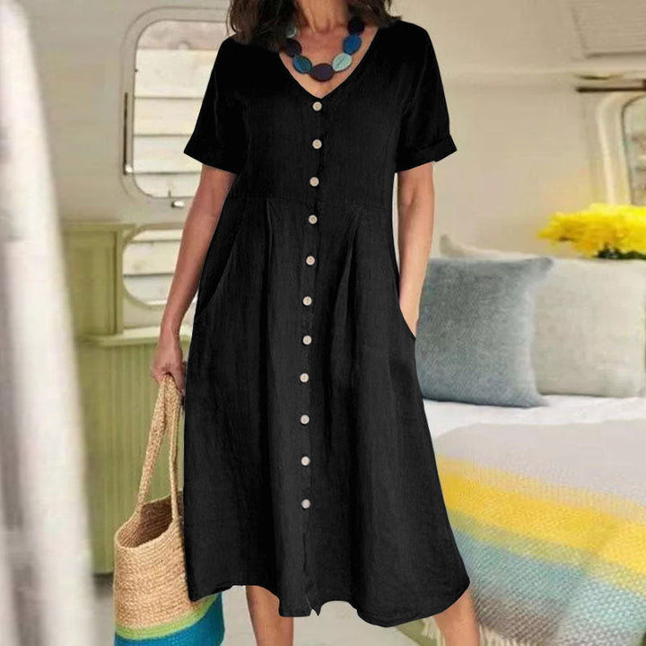 Nia | Women Button Front Short Sleeve Midi Dress