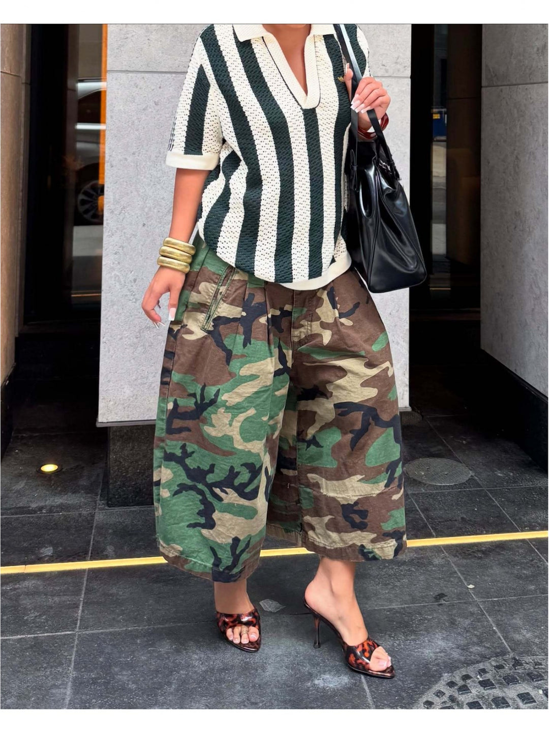 Stylish Camo Knit Wide Leg Cargo Pants for Women with Flap Pocket Utility Western Style