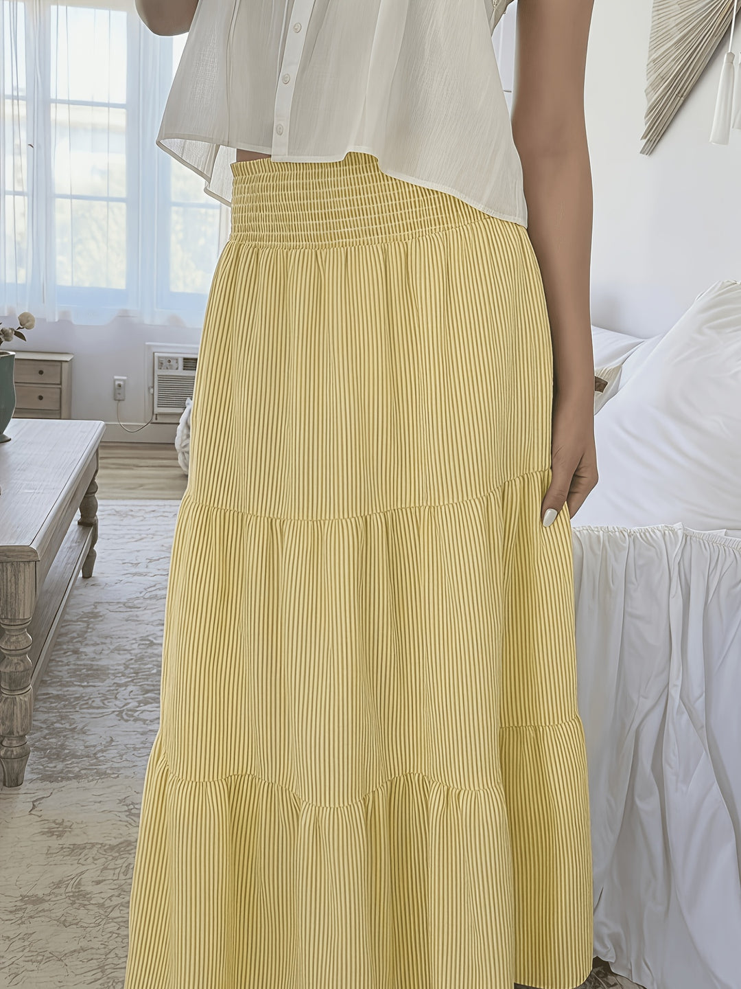 Yellow Skirts Smocked High Waist Tiered Pinstripe Maxi
