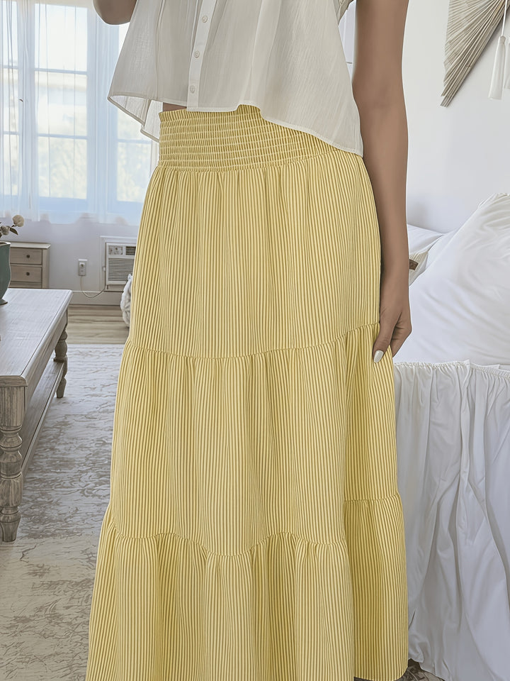 Yellow Skirts Smocked High Waist Tiered Pinstripe Maxi