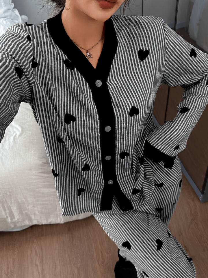Effortless Heart Pajamas for Women with V Neck Long Sleeve Contrast Cuff Casual Style