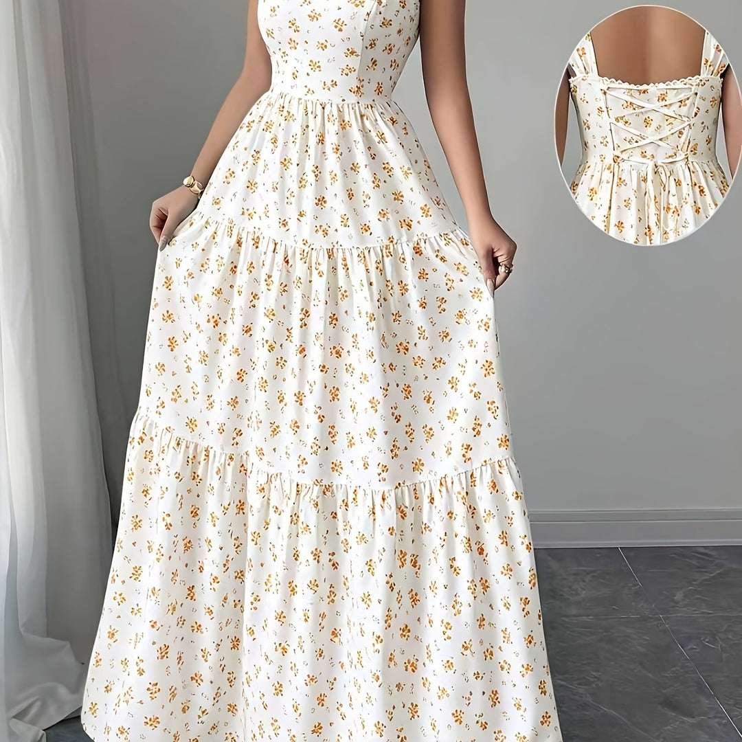 Elegant Floral Maxi Dress for Women with Square Neck Sleeveless Tiered Lace Up Plus Size Flowy Casual Style