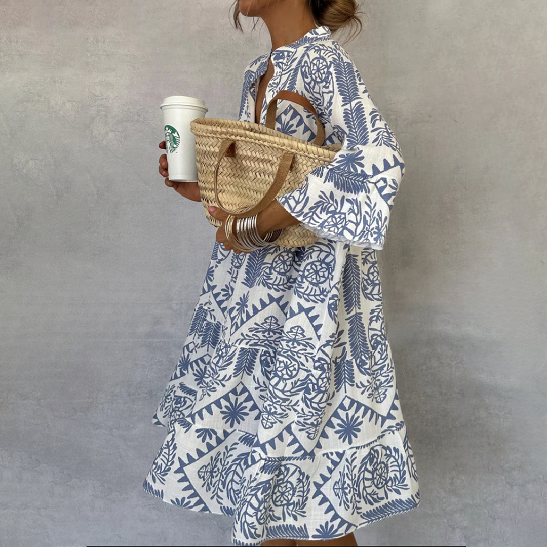 Rilla | Women's Blue Tile Print Button Front Fall Brunch Dress