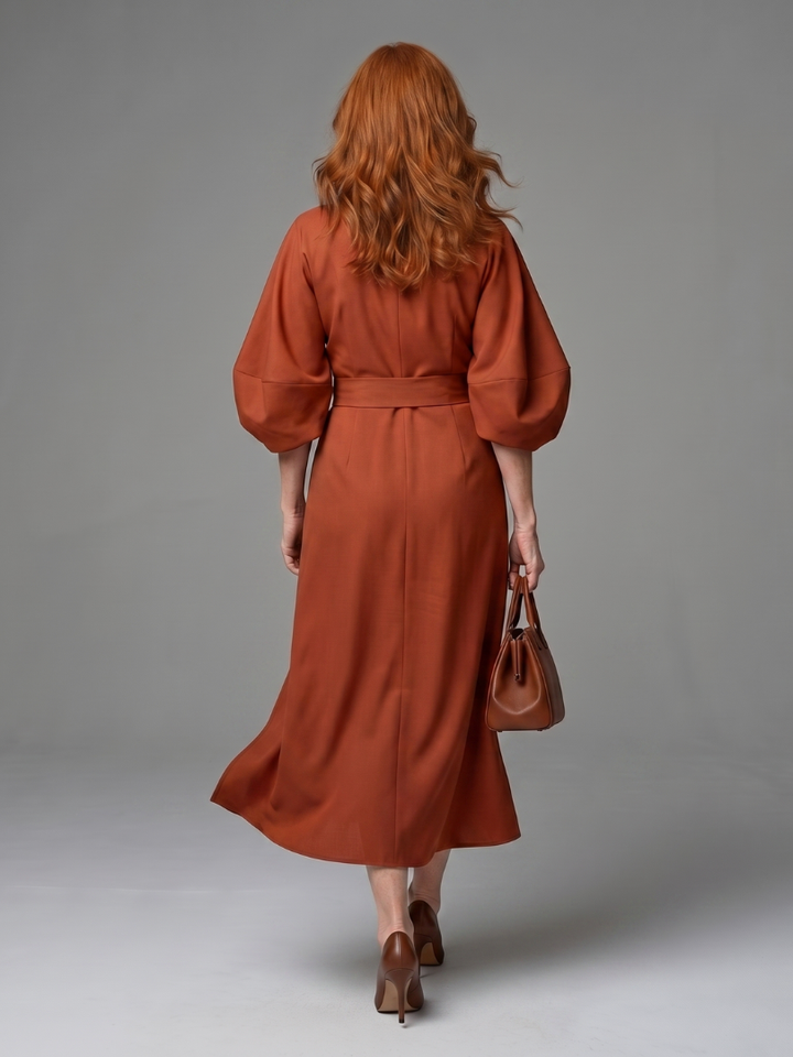 Beryl | Women's Brown Puff Sleeve Wrap Belted Midi Dress