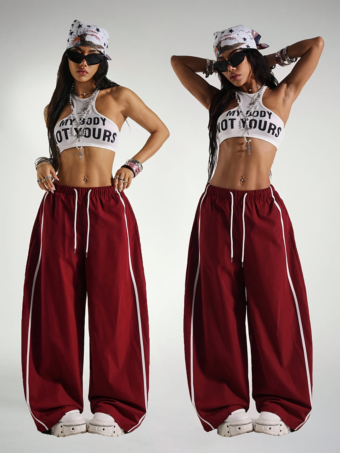 Stylish Red Pants for Women with Drawstring Plus Size Flowy Casual Style