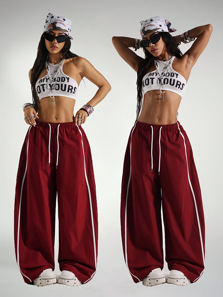 Stylish Red Pants for Women with Drawstring Plus Size Flowy Casual Style